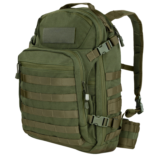 The Condor Venture Backpack 27.5L in olive green, featuring multiple compartments, MOLLE webbing, and adjustable shoulder straps—perfect for military or first responders—is shown angled on a white background.