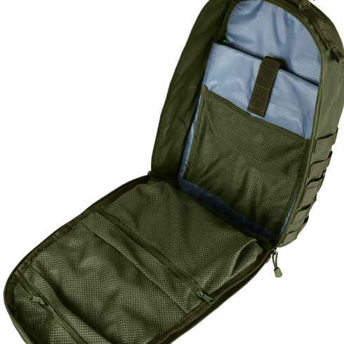 The Condor Venture Backpack 27.5L is open green, features mesh pockets, a light blue interior, and a padded sleeve with a Velcro strap.