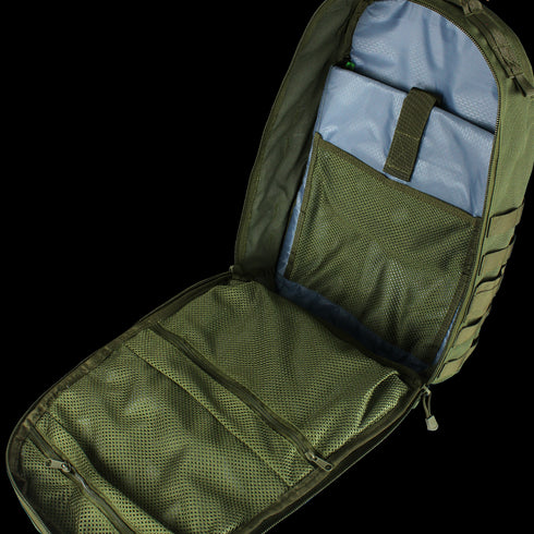 The Condor Venture Backpack 27.5L in Scorpion OCP is perfect for bushcraft or military use, featuring an open main section with multiple mesh compartments and pockets for organized storage.