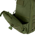 A close-up of the Condor Venture Backpack 27.5L in olive green, highlighting its partially open front pocket with visible zippers and straps.