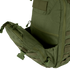 A close-up of the Condor Venture Backpack 27.5L in olive green, highlighting its partially open front pocket with visible zippers and straps.