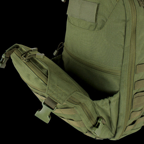 Close-up of the Condor Venture Backpack 27.5L in Scorpion OCP, ideal for bushcraft, featuring a partially open front compartment with visible zippers and straps.