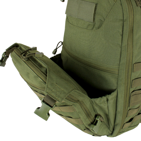 Close-up of the Condor Venture Backpack 27.5L in Scorpion OCP, ideal for bushcraft, featuring a partially open front compartment with visible zippers and straps.