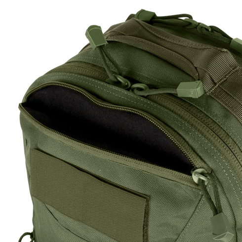 Close-up of the Condor Venture Backpack 27.5L in olive green, featuring a partially unzipped front pocket that reveals the interior lining.