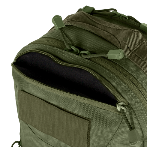 Close-up of the Condor Venture Backpack 27.5L in olive green, featuring a partially unzipped front pocket that reveals the interior lining.