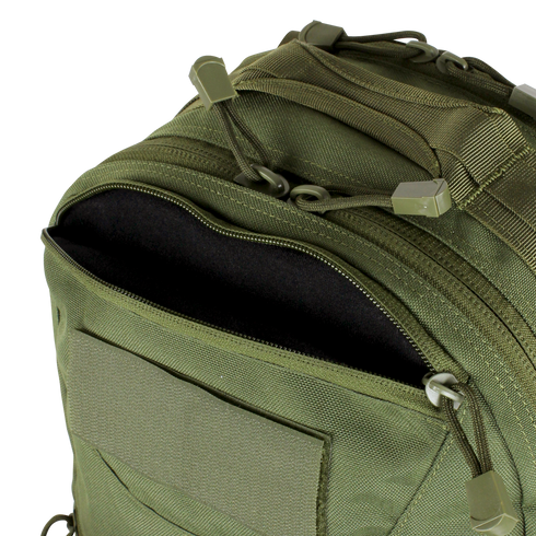A close-up of the Condor Venture Backpack 27.5L in Scorpion OCP, showing a partially open zipper that reveals the black lining and multiple compartments, popular for military and law enforcement use.