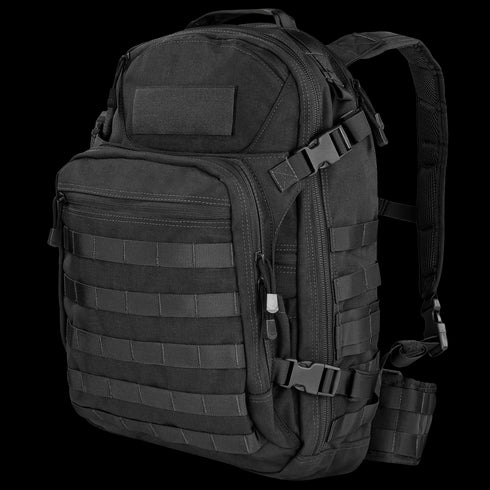 The Condor Venture Backpack 27.5L is a black tactical pack with multiple zippered compartments, adjustable shoulder straps, and front/side MOLLE webbing—perfect for military or first responder use.