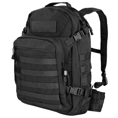 The Condor Venture Backpack 27.5L is a black tactical pack with multiple zippered compartments, adjustable shoulder straps, and front/side MOLLE webbing—perfect for military or first responder use.