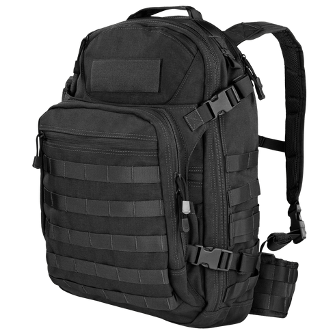 The Condor Venture Backpack 27.5L is a black tactical pack with multiple zippered compartments, adjustable shoulder straps, and front/side MOLLE webbing—perfect for military or first responder use.