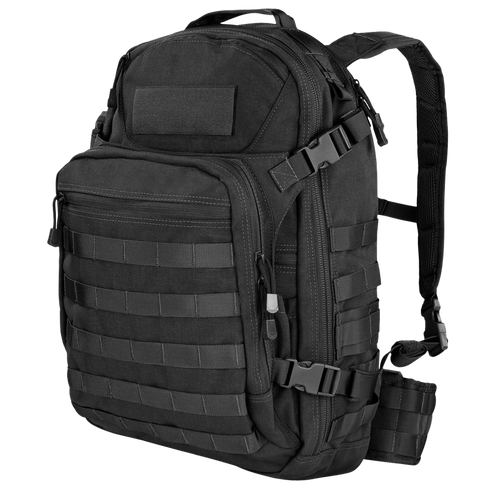The Condor Venture Backpack 27.5L is a black tactical pack with multiple zippered compartments, adjustable shoulder straps, and front/side MOLLE webbing—perfect for military or first responder use.