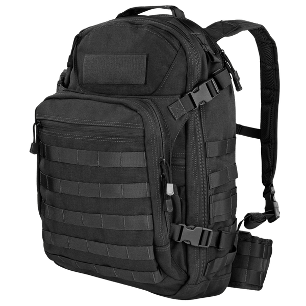 The Condor Venture Backpack 27.5L is a black tactical pack with multiple zippered compartments, adjustable shoulder straps, and front/side MOLLE webbing—perfect for military or first responder use.