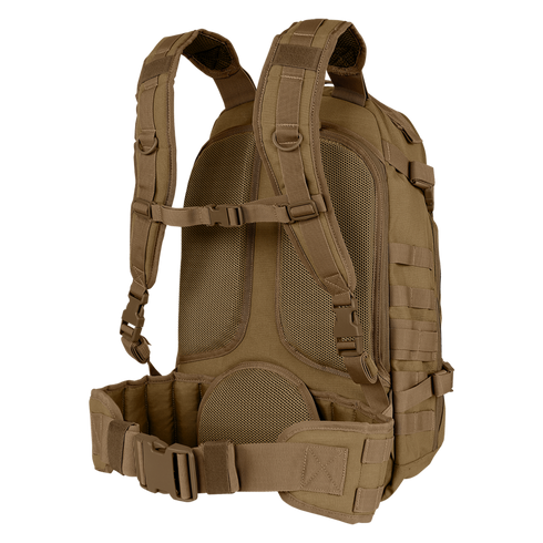 The Condor Venture Backpack 27.5L, shown against a white background, features padded shoulder straps, chest and waist belts, a mesh back panel, and multiple attachment points in brown.