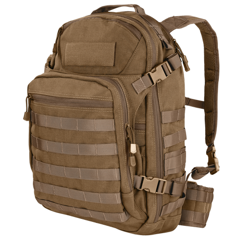 The Condor Venture Backpack 27.5L is a brown tactical pack with multiple compartments, front and side MOLLE webbing, adjustable straps, and zipper closures—perfect for military or law enforcement use.