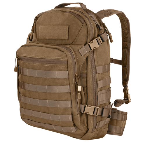 The Condor Venture Backpack 27.5L is a brown tactical pack with multiple compartments, front and side MOLLE webbing, adjustable straps, and zipper closures—perfect for military or law enforcement use.