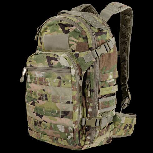The Condor Venture Backpack 27.5L in Scorpion OCP features a compact design with multiple zippered compartments, adjustable straps, and MOLLE webbing on the front and sides.