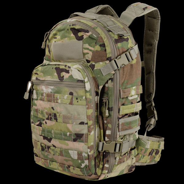 The Condor Venture Backpack 27.5L in Scorpion OCP features a compact design with multiple zippered compartments, adjustable straps, and MOLLE webbing on the front and sides.