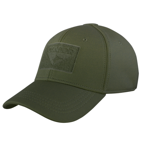 The Condor Flex Tactical Cap in olive green features a curved brim and a rectangular patch on the front—perfect for EDC or the shooting range.