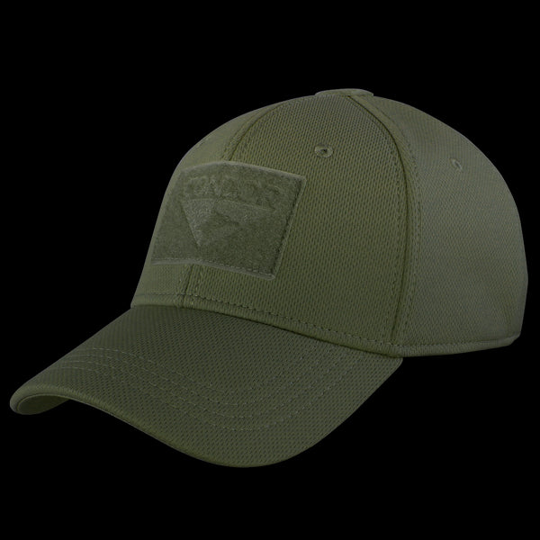 The Condor Flex Tactical Cap in olive green features a curved brim and a rectangular patch on the front—perfect for EDC or the shooting range.