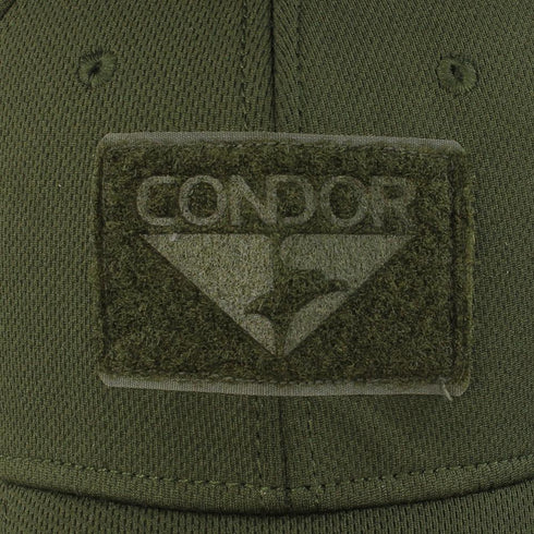Close-up of the Condor Flex Tactical Cap in olive green, showcasing a rectangular Condor patch with a triangle and bird logo—ideal for military or shooting range enthusiasts.