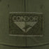 Close-up of the Condor Flex Tactical Cap in olive green, showcasing a rectangular Condor patch with a triangle and bird logo—ideal for military or shooting range enthusiasts.