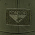 Close-up of the Condor Flex Tactical Cap in olive green, showcasing a rectangular Condor patch with a triangle and bird logo—ideal for military or shooting range enthusiasts.
