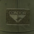 Close-up of the Condor Flex Tactical Cap in olive green, showcasing a rectangular Condor patch with a triangle and bird logo—ideal for military or shooting range enthusiasts.