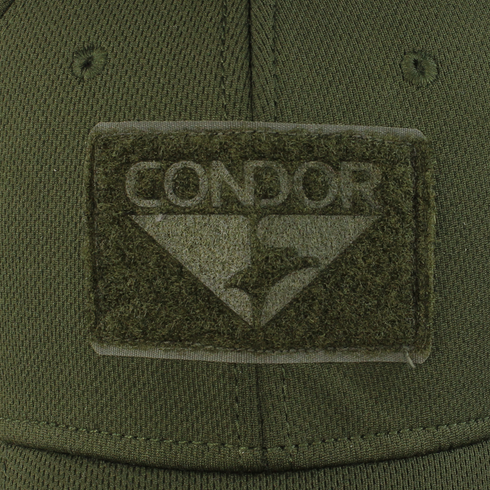 Close-up of the Condor Flex Tactical Cap in MultiCam Black, showcasing a velcro patch with the brand name and bird logo—ideal for military enthusiasts or bushcraft adventurers.