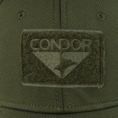 Close-up of the Condor Flex Tactical Cap in MultiCam Black, showcasing a velcro patch with the brand name and bird logo—ideal for military enthusiasts or bushcraft adventurers.