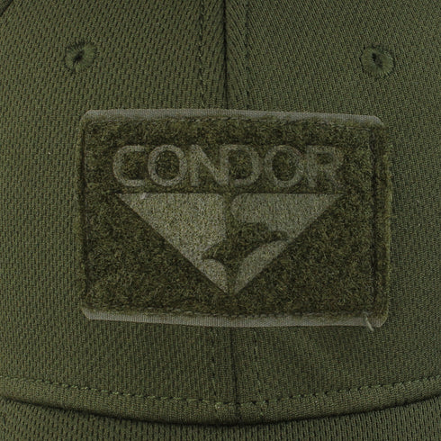 Close-up of a Condor Flex Tactical Cap - MultiCam, featuring a green fabric patch with the word CONDOR and a stylized bird logo sewn onto the olive green material.
