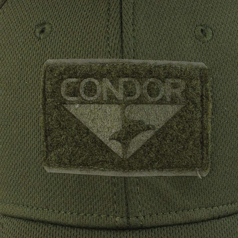 Close-up of an olive green Condor Flex Tactical Cap featuring a fabric patch with the CONDOR name and stylized bird logo.
