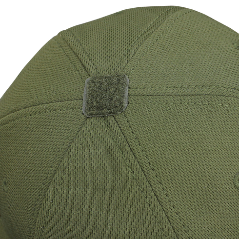 Close-up of the top of the Condor Flex Tactical Cap in olive green, highlighting detailed stitching and a fabric-covered button at the center.