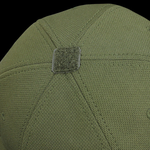 Close-up view of the top of the Condor Flex Tactical Cap - Scorpion OCP, featuring stitched panels and a square Velcro patch at the center.