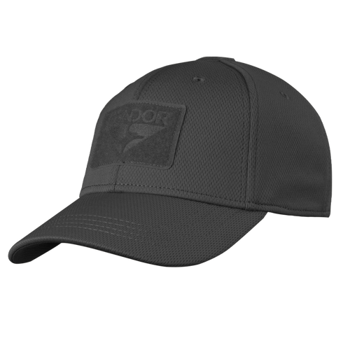 The Condor Flex Tactical Cap is a black mesh baseball cap with a curved brim and rectangular front patch—perfect for bushcraft or range days.