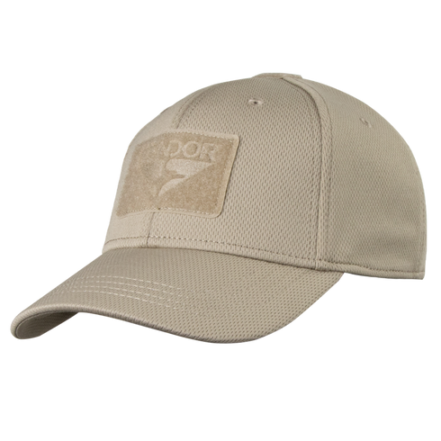 The Condor Flex Tactical Cap features a khaki design with a curved brim and a rectangular front patch, shown from the front-left angle.