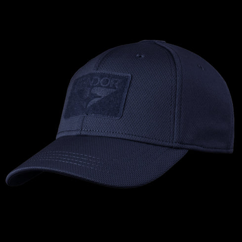 The Condor Flex Tactical Cap is a dark navy blue mesh cap featuring a matching rectangular front patch—ideal for EDC fans and bushcraft enthusiasts.