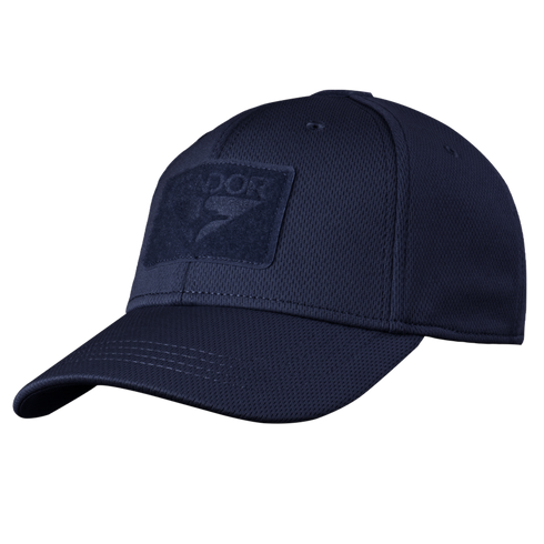 The Condor Flex Tactical Cap is a dark navy blue mesh cap featuring a matching rectangular front patch—ideal for EDC fans and bushcraft enthusiasts.