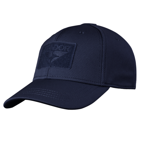The Condor Flex Tactical Cap is a dark navy blue mesh cap featuring a matching rectangular front patch—ideal for EDC fans and bushcraft enthusiasts.