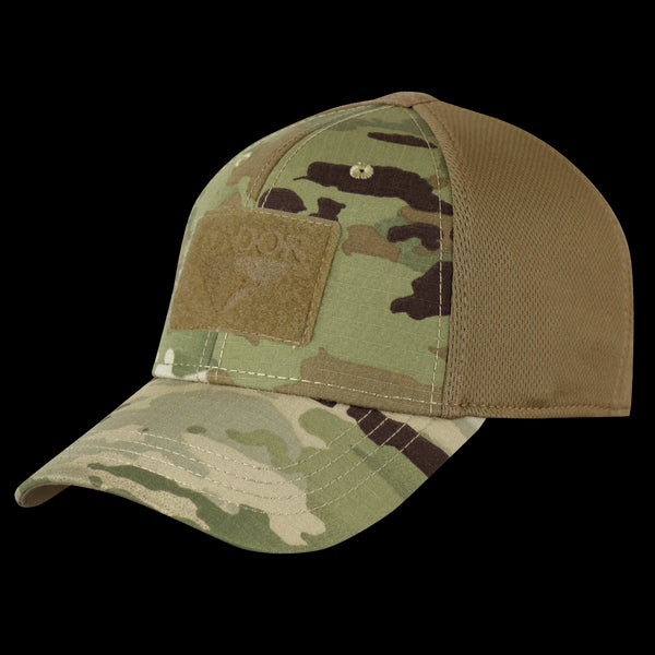 The Condor Flex Tactical Cap in MultiCam features a camouflage design, mesh back panel, and front Velcro patch, shown displayed on a mannequin head.