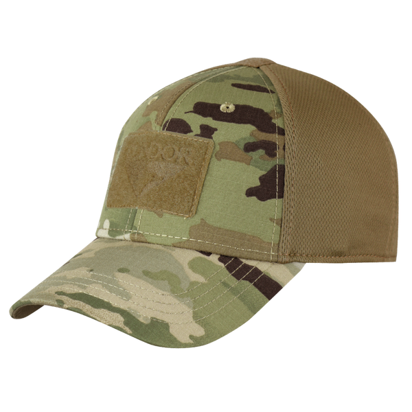 The Condor Flex Tactical Cap in MultiCam features a camouflage design, mesh back panel, and front Velcro patch, shown displayed on a mannequin head.