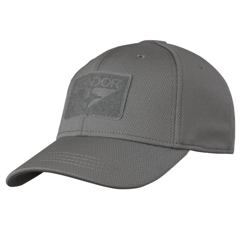 The Condor Flex Tactical Cap is a gray textured cap with a curved brim and front patch, perfect for EDC enthusiasts or first responders seeking comfort and utility.