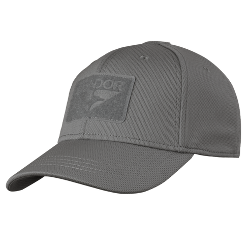 The Condor Flex Tactical Cap is a gray mesh baseball hat with a curved brim and a rectangular patch with a subtle logo on the front.
