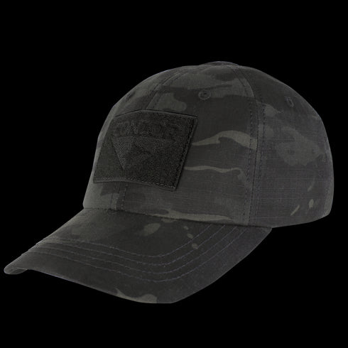 The Condor Flex Tactical Cap in MultiCam Black features visible stitching and a front black patch.