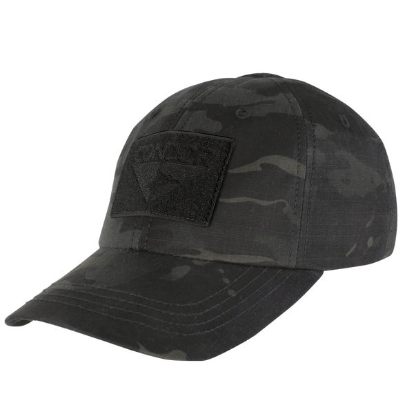 The Condor Flex Tactical Cap in MultiCam Black features visible stitching and a front black patch.
