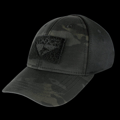 The Condor Flex Tactical Cap - MultiCam Black features a curved brim, mesh sides, and a front patch with an embossed logo.