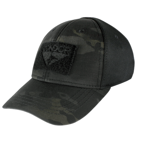 The Condor Flex Tactical Cap - MultiCam Black features a curved brim and a rectangular front patch, showcasing a stylish black camouflage pattern.