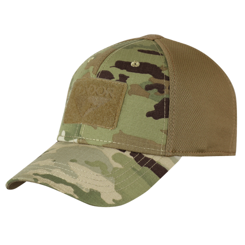 The Condor Flex Tactical Cap in Scorpion OCP features a camouflage pattern, mesh back, and front Velcro patch, shown here on a mannequin head.
