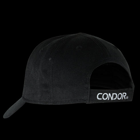 The Condor Signature Range Cap features the word CONDOR embroidered in white above the adjustable strap—a black hat by Condor, ideal for first responders or a day at the shooting range.