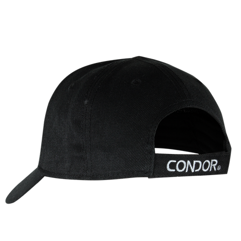 The Condor Signature Range Cap features the word CONDOR embroidered in white above the adjustable strap—a black hat by Condor, ideal for first responders or a day at the shooting range.