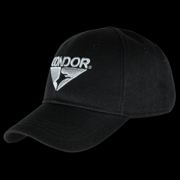 The Condor Signature Range Cap is a black baseball cap with a curved brim, featuring CONDOR and a triangular logo embroidered in white—ideal for military or law enforcement professionals.