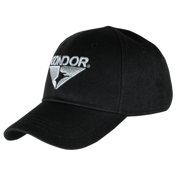 The Condor Signature Range Cap is a black baseball cap with a curved brim, featuring CONDOR and a triangular logo embroidered in white—ideal for military or law enforcement professionals.